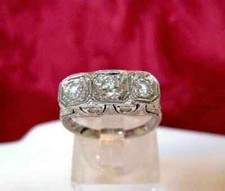 Art Deco Round Lab Created Diamond Engagement 14K White Gold FN Three-Stone Ring