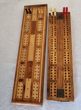Inlaid Wooden Cribbage Boards X2 Antique With Celluloid Pegs Vintage Wood Pegs