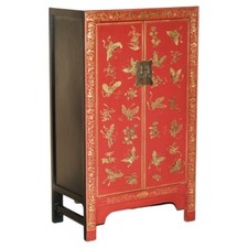 FINE ANTIQUE CHINESE BUTTERFLY HAND PAINTED LACQUERED LARGE SIDE TABLE CUPBOARD