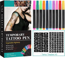 Temporary Tattoo Pens for Skin, 10 Different Coloured Body Tattoo Pens + 2 Large
