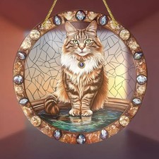 Long Haired Maine Coon Cat Standing Suncatcher Stained Glass Effect Home Decor