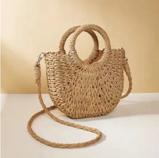 Women Boho Woven Handbag Summer Beach Tote Straw Bag Round Rattan Shoulder AF UK