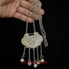 2.4 Inch Old Chinese Tibet Silver Carving Dragon Phoenix People Necklace Pendant