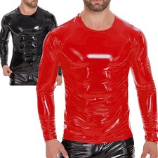Mens Wetlook PVC Leather Tees Nightclub Latex PU T-shirts Long Sleeve Slim Tops
