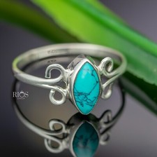 925 Sterling Silver Turquoise Marquise Oval Gemstone Women Boho Ring Gift Boxed