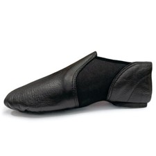 Slip On Jazz Dance shoes Girls, Black Leather & Neoprene Split sole Rubber heel