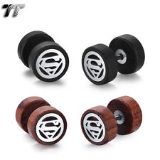 TT Surgical steel Superman 10mm Round Wood Fake Ear Plug Earrings (BE274) NEW