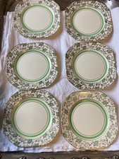 6 x John Tams "TAMS" Ware Art Deco Green Plates - Floral - 16 cm across 