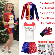 5PCS Kids Outfit Harley Quinn Suicide Squad Girl Christmas Cosplay Costume Suit