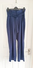 Qed London Linen Blend Trousers Paperback Wide leg Navy Blue Wide Leg size UK 10