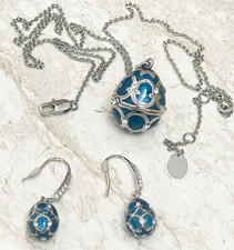Pierre Lorren Faberge Drop Earrings & Faberge Egg Pendant Silver 18k White Gold