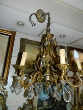 VINTAGE FRENCH BRONZE/BRASS CAGE CHANDELIER with drops