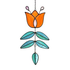 Coral Tulip Stained Glass Suncatcher, Folk Flower Stained Glass Window Hangin...