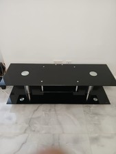  TV Stand in Black Glass, Hi FI rack with 2 Shelves and chrome  metal Legs.