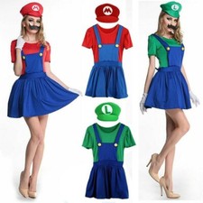Womens Adult Super Mario and Luigi Fancy Dress Plumber Bros Halloween Costume UK