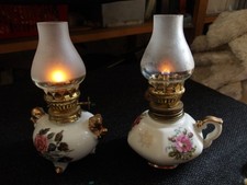 Pair Vintage EMPIRE Made Flower Decorated Ceramic Oil Burners & Glass Chimneys
