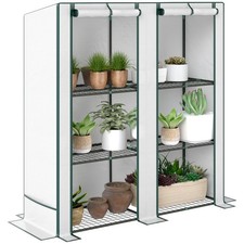 Outsunny 3 Tier Lean-to Mini Greenhouse with Green Hemmed Edging, White