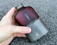 Vintage 1/4pt Hip Flask Leather Bound Glass, Pewter Screw Cap & Removable Cup