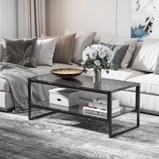 Two-Tier Marble Effect Coffee Table with Metal Frame Living Room Table