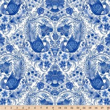 Porcelaina Symmetrical Birds Blue Cotton Quilt Fabric Sale 5504WB By half yard
