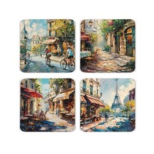French Classics Cork Coaster Set - Parisian Street Artwork - Set of 4 Gift