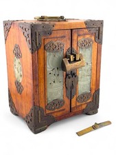 Small 20th Century Chinese Hardwood Two Door Cabinet, Jadeite & Brass Mounts