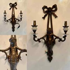 Matching Pair of Bronze & Ceramic French Cherub Wall Flambeau’s (Lamps)