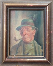 Oil Painting Portrait° Hunter with Pipe ° Woodsman Jägerkluft Monogram Dat.