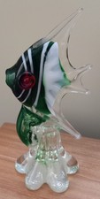 Beautiful Glass Art Angel Fish Green &White Ornament 6.5Inches VGC Tropical Fish