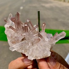131g Natural Green tourmaline with specularite quartz crystal cluster mineral