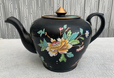 Victorian Black Porcelain  Teapot with Oriental Enamel Flowers