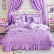 Purple Flower Print Cotton Bed Skirt Set Luxury Princess Lace Ruffle Duvet Cover