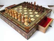 VINTAGE  DAMASCUS INLAY CHESS BOARD-STORAGE AND CHESS SET