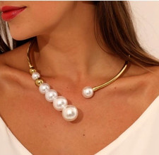Zara 18k gold plated necklace choker hard bending collar & gold balls & pearls