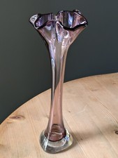 Vintage Tall 1ft Blown Swung Art Glass Lily Vase Purple Lustre Ruffle Jablonski 