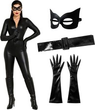 Womens Catwoman Costume Wet Look Jumpsuit Black Cat Halloween Fancy Dress S - XL