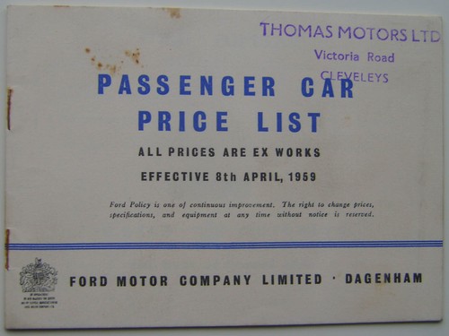 Ford price list - ford, 1959