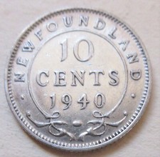 1940 Canada Newfoundland Silver Ten Cents Coin. Dime 10 cents 10c (TR)