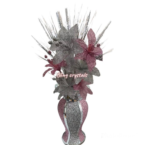 Pink silver vase with - silver, flowers