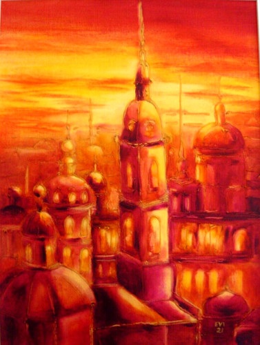 Sunset city original oil - city,