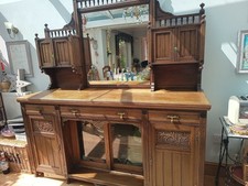 Large Antique Oak Dresser With Glazed Cupboard Drawers And Mirror