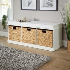 Hallway Storage Bench 3 Woven Drawers Padded Cushioned Top White Wooden Frame