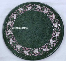 12" Green marble side Table Top inlaid semi precious stones art handicraft work