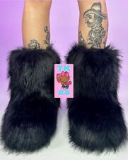 🎀Black Faux Fur Baddie  Y2K Kawaii Yeti Festival Rave Emo Scene Boots Size 6🎀