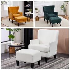 Wing Back Accent Armchair with Footstool Set Teddy Fleece/Chenille Sofa Chair