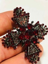 Gothic Red Crystal Black Maltese Cross Brooch Shawl Pin Vintage Style Jewellery