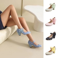 Bow Block Heels Men's Dots Drag Queen T-Strap Crossdresser LGBT Lady Shoes 35-48