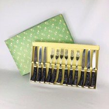 Vintage 12 Piece Steak Cutlery Set Faux Stag Antler bone Handle Boxed EB20JH