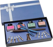 Calligraphy Wooden Fountain Pen Set - 10 Nibs and 4 Ink Pots Hand Lettering Kit