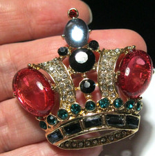Vintage Style Royal CROWN Jewelled Rhinestone Sapphire Ruby Crystal BROOCH Pin